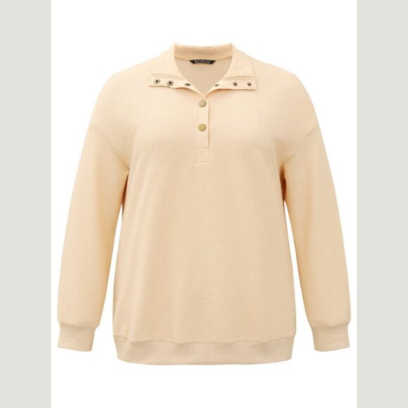 BloomChic Apricot Plisse Lapel Collar Button Up Sweatshirt - Picture 6 of 7